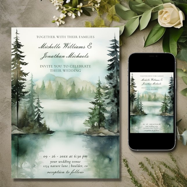 Watercolor Rustic Mountain Lake Forest Wedding Invitation (Printed and Digital - Watercolor Rustic Mountain Lake Forest Wedding Invitation)
