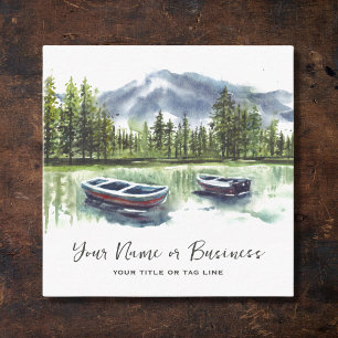 Watercolor Rustic Mountain Lake with Boats Square Business Card