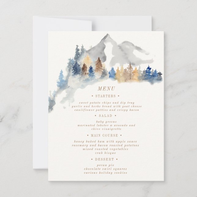 Watercolor Rustic Mountain Wedding Menu Card (Front)