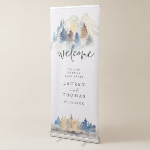 Watercolor Rustic Mountains Welcome Wedding Retractable Banner
