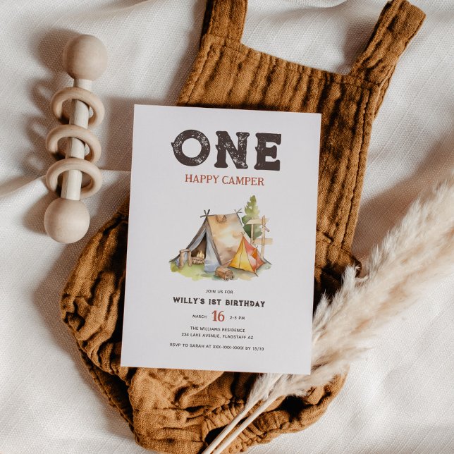 Watercolor Rustic One Happy Camper 1st Birthday Invitation (Creator Uploaded)