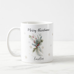 Watercolor Rustic Pine Floral Merry Christmas Name Coffee Mug