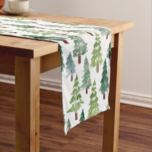 Watercolor Rustic Pine Forest Pattern Winter  Short Table Runner
