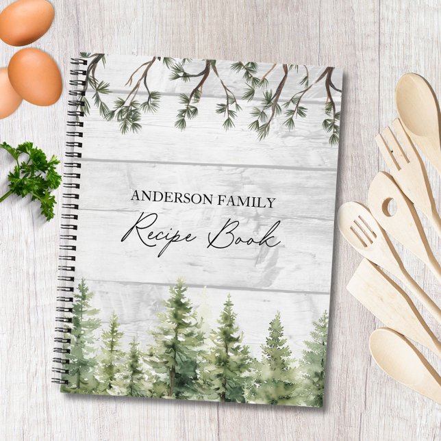 Watercolor Rustic Pine Trees Wood Cookbook Recipe Notebook (In situ)