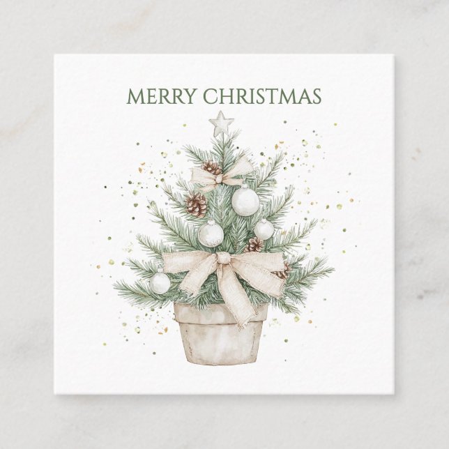 Watercolor Rustic Potted Christmas Tree Square Business Card (Front)