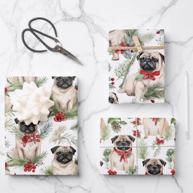 Watercolor rustic pug Christmas  Wrapping Paper Sheet (Front)