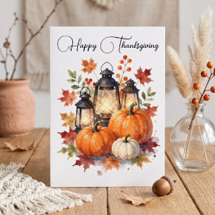 Watercolor Rustic Pumpkin Lantern Thanksgiving Card