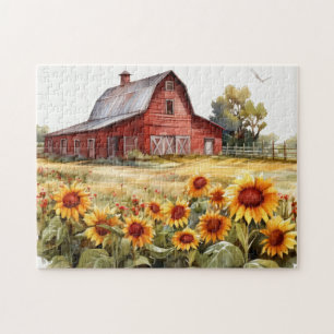 Watercolor Rustic Red Barn With Sunflowers Jigsaw Puzzle