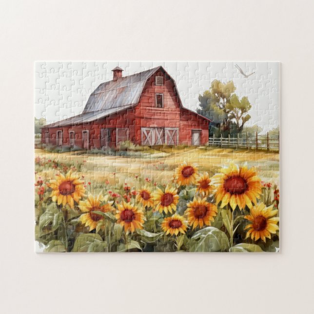 Watercolor Rustic Red Barn With Sunflowers Jigsaw Puzzle (Horizontal)