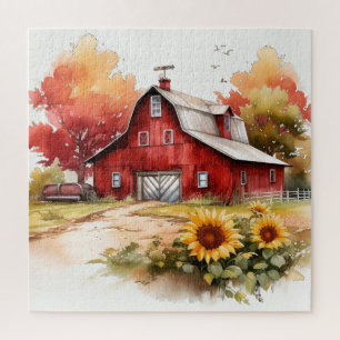 Watercolor Rustic Red Barn With Sunflowers Jigsaw Puzzle