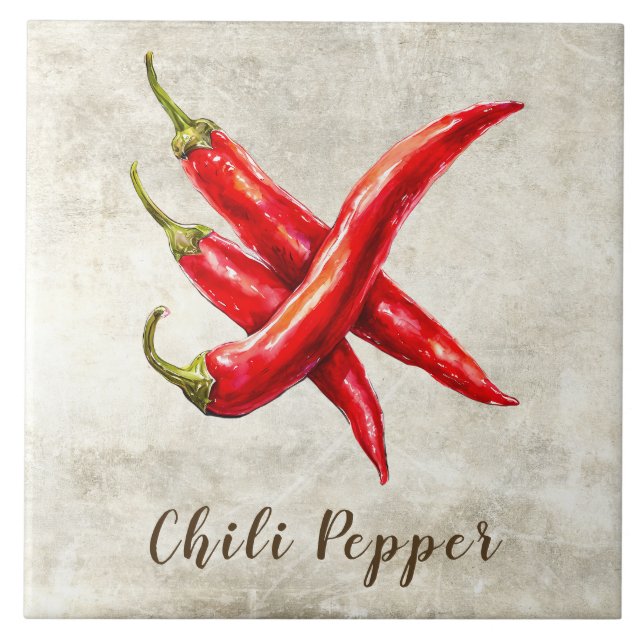 Watercolor Rustic Red Chilli Pepper Faux Texture  Tile (Front)
