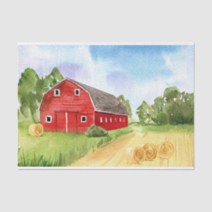 Watercolor Rustic Red Country Barn and Haystacks Tissue Paper