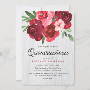 Watercolor Rustic Red Roses Quinceanera Invite