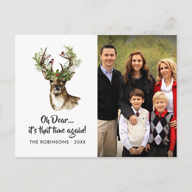 Watercolor Rustic Reindeer Christmas Family Photo Holiday Postcard (Front)