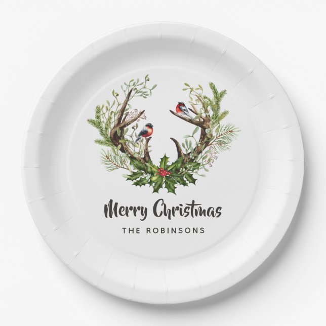 Watercolor Rustic Reindeer Christmas Party Paper Plate (Front)