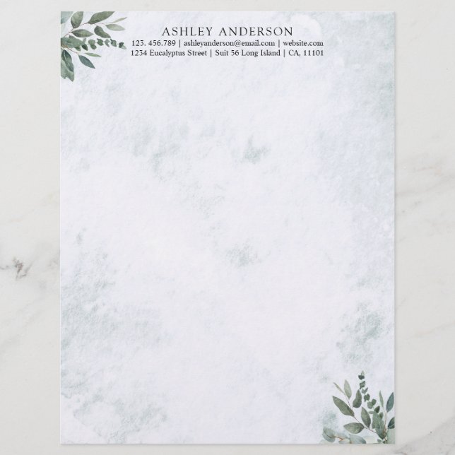 Watercolor Rustic Sage Greenery Leaves Custom Letterhead (Front)