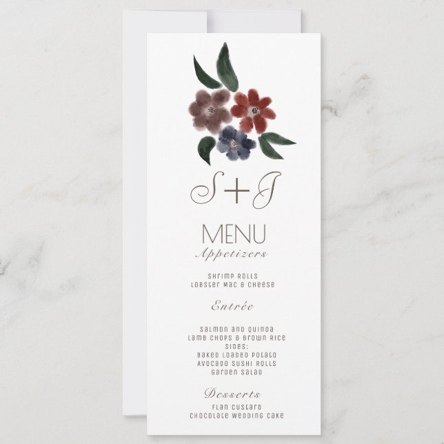Watercolor Rustic Simple Floral Bouquet - Menu (Front)