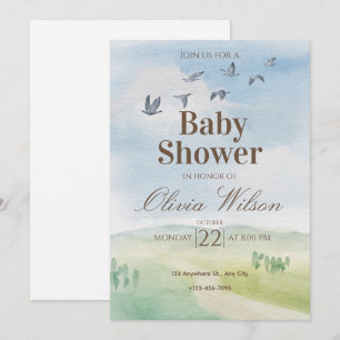 Watercolor Rustic Sky & Birds Baby Shower Invite