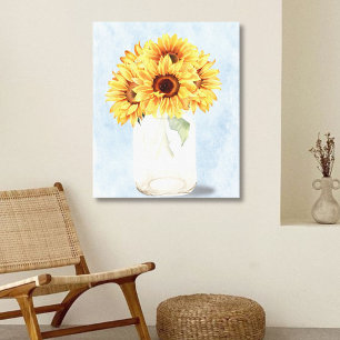 Watercolor Rustic Sunflower Bouquet in Mason Jar Canvas Print