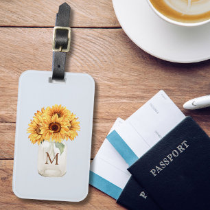 Watercolor Rustic Sunflower Bouquet in Mason Jar Luggage Tag
