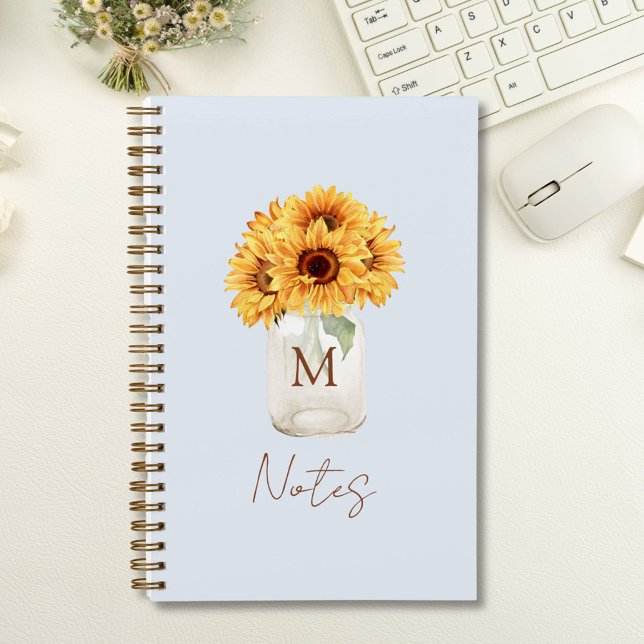 Watercolor Rustic Sunflower Bouquet in Mason Jar Notebook (In situ)