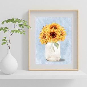 Watercolor Rustic Sunflower Bouquet in Mason Jar Poster