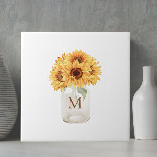 Watercolor Rustic Sunflower Bouquet in Mason Jar Tile