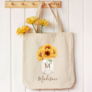 Watercolor Rustic Sunflower Bouquet in Mason Jar Tote Bag