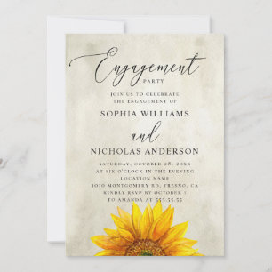 Watercolor rustic sunflower engagement party invitation