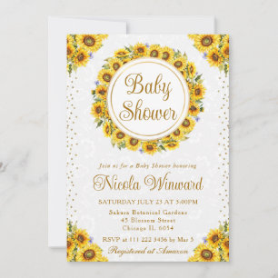 Watercolor Rustic Sunflowers Wreath Baby Shower Invitation