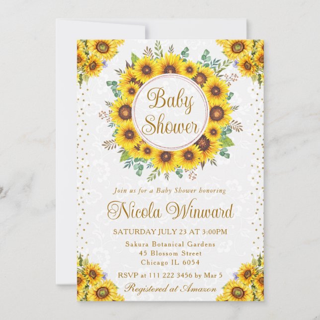 Watercolor Rustic Sunflowers Wreath Baby Shower Invitation (Front)