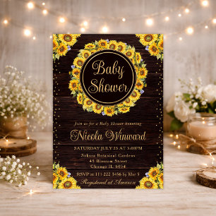 Watercolor Rustic Sunflowers Wreath Baby Shower Invitation