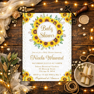 Watercolor Rustic Sunflowers Wreath Baby Shower Invitation