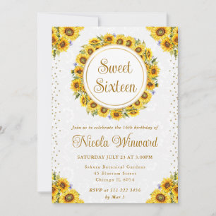 Watercolor Rustic Sunflowers Wreath Sweet 16 Invitation