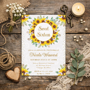 Watercolor Rustic Sunflowers Wreath Sweet 16 Invitation