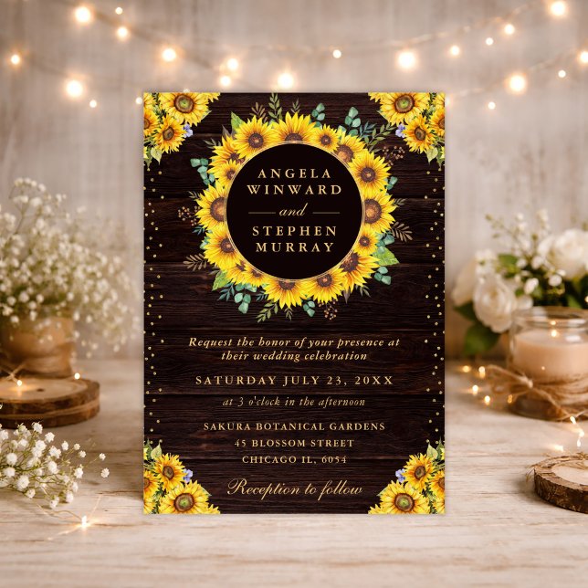 Watercolor Rustic Sunflowers Wreath Wedding Invitation (Creator Uploaded)