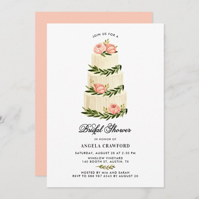 Watercolor Rustic Tiered Cake Bridal Shower Invitation (Front/Back)