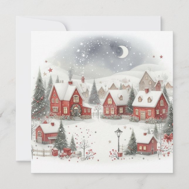 Watercolor Rustic Traditional Christmas Houses Holiday Card (Front)