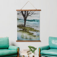 Watercolor Rustic Tree and Water Landscape