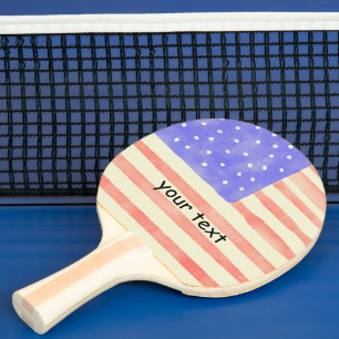 Watercolor rustic USA American flag Custom text Ping Pong Paddle