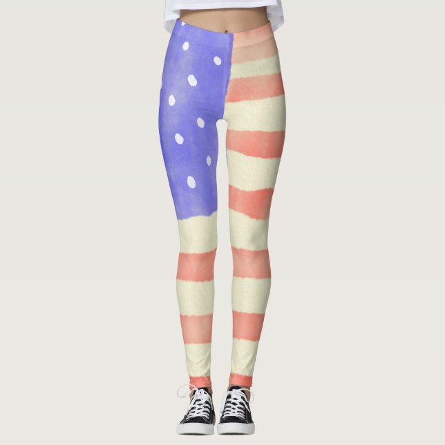Watercolor rustic USA American flag Leggings (Front)