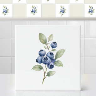 Watercolor Rustic Wild Blueberry Botanical Branch Tile