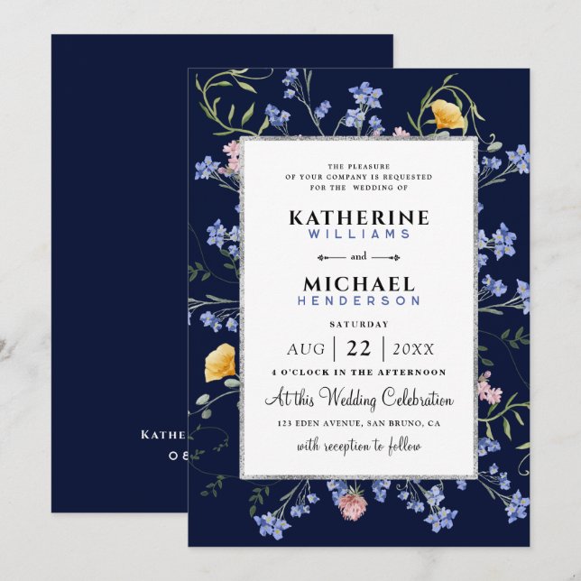 watercolor Rustic wildflowers meadow Foil Wedding Invitation (Front/Back)