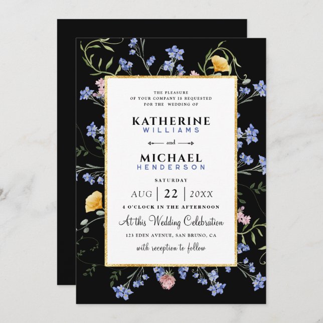watercolor Rustic wildflowers meadow Foil Wedding Invitation (Front/Back)