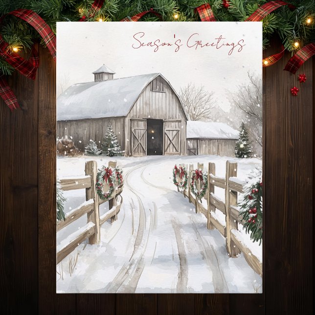 Watercolor Rustic Winter Barn Season's Greetings Holiday Postcard (Creator Uploaded)