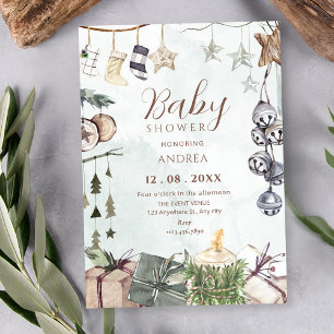 Watercolor rustic winter decor baby shower invitation