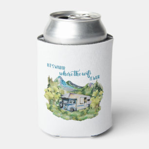 Watercolor RV Motorhome Camping Scene Can Cooler