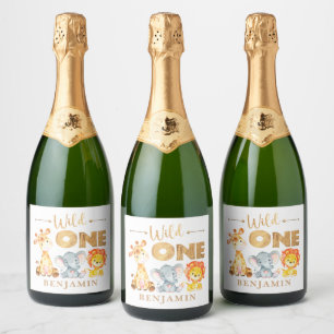 Watercolor Safari 1st Birthday Sparkling Wine Labe Sparkling Wine Label