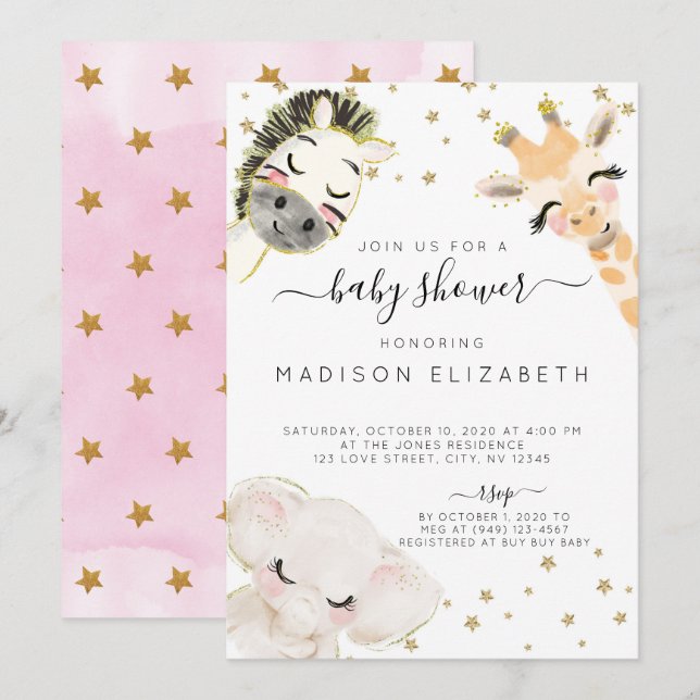 Watercolor Safari Animal Baby Shower Invitation (Front/Back)