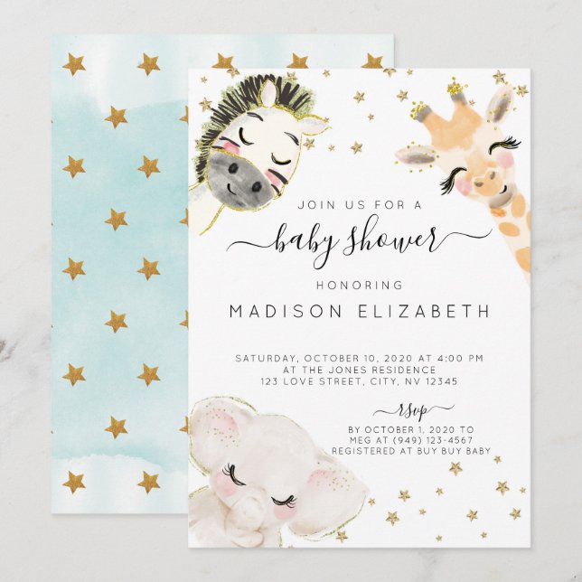 Watercolor Safari Animal Baby Shower Invitation (Front/Back)